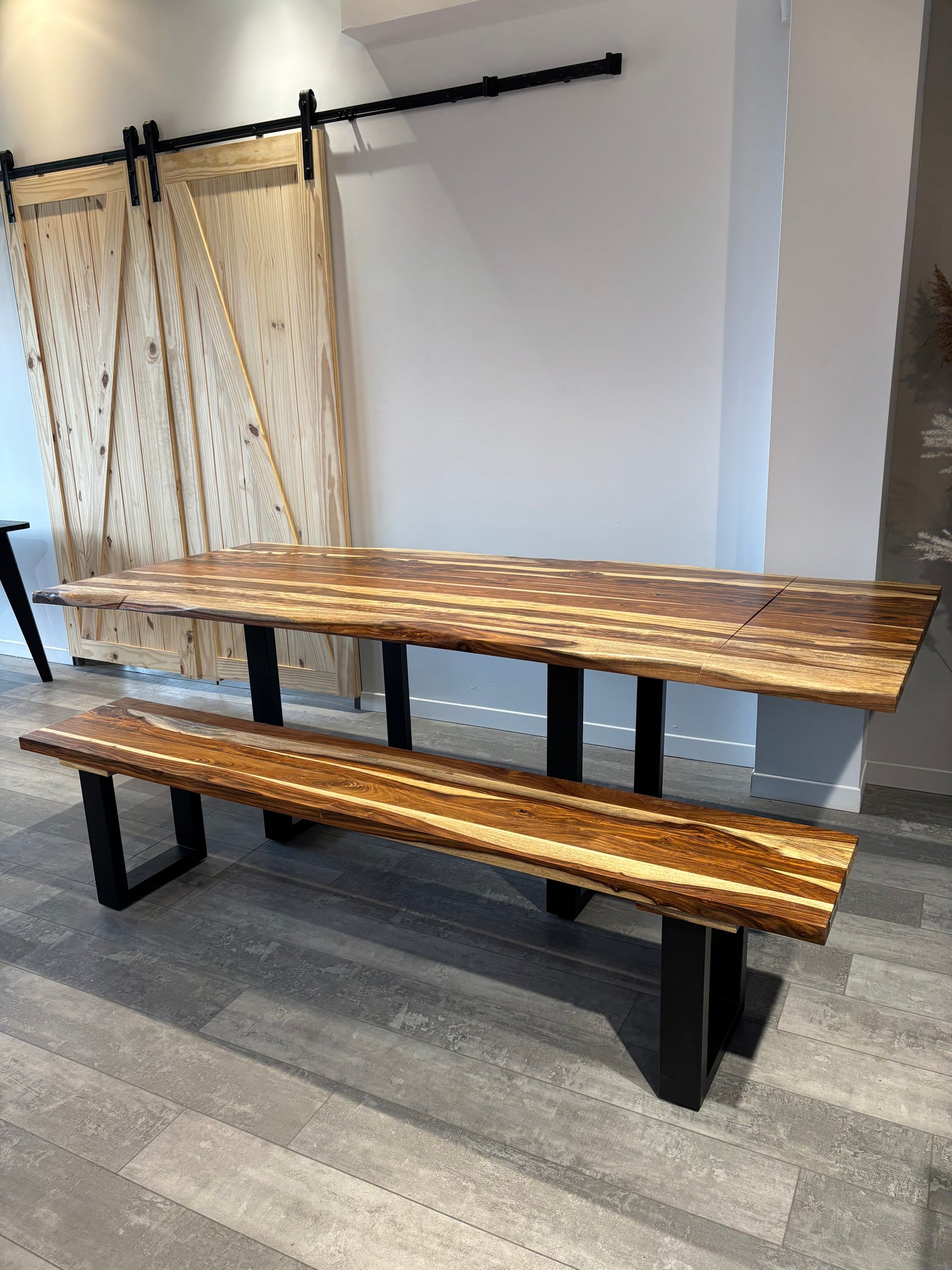 Ensemble table extensible + banc bois de rose naturel